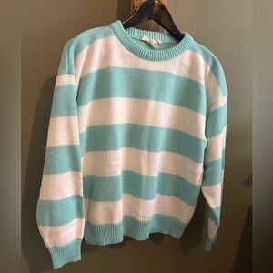 Striped Crew Neck Sweater - Aqua and White